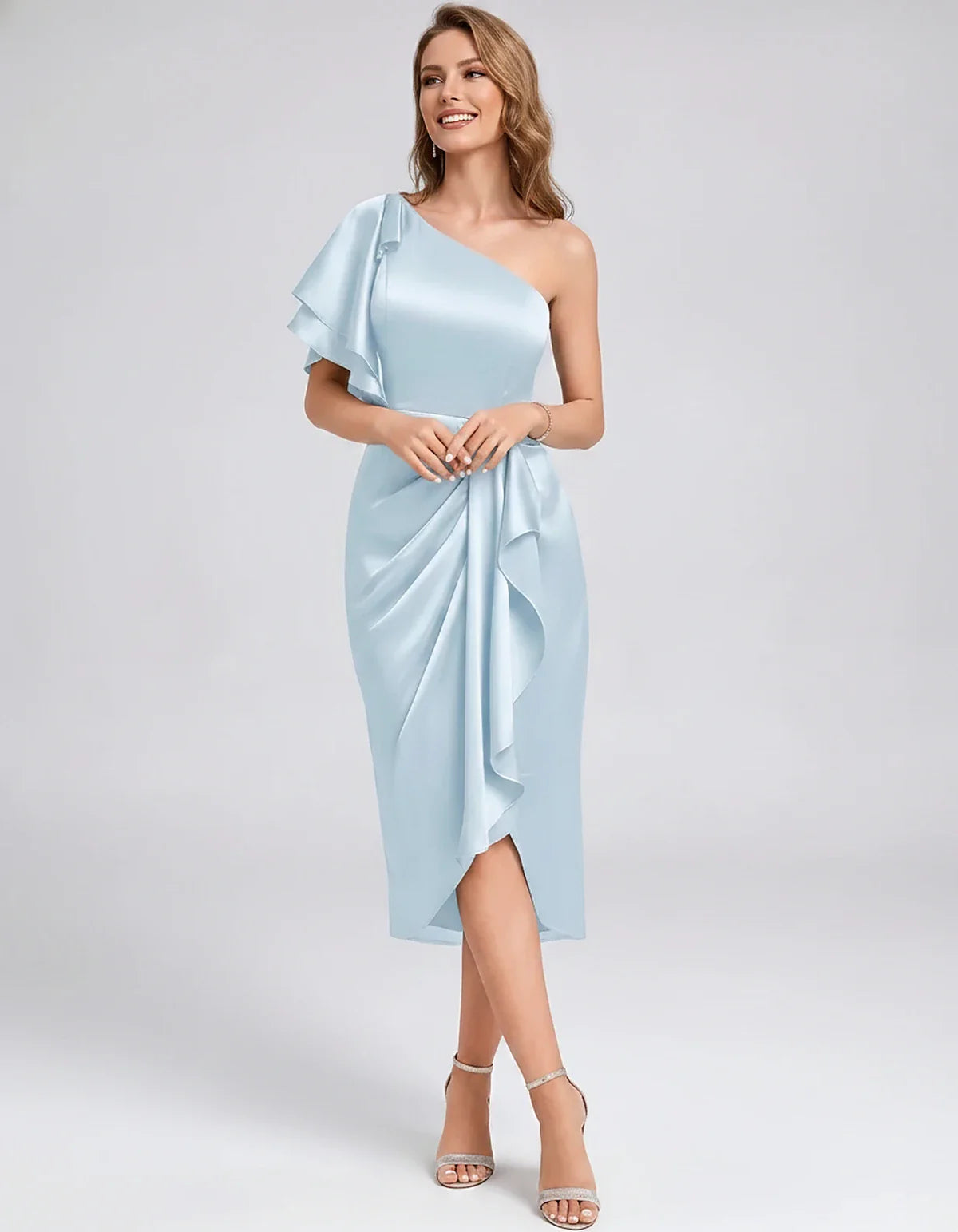 Blush Satin Sheath One-Shoulder Midi Dress, front view | Ramblion | SKU: AMD-583920174615842-SKYBLUE-L,AMD-583920174615842-SKYBLUE-M,AMD-583920174615842-SKYBLUE-S,AMD-583920174615842-SKYBLUE-XL,AMD-583920174615842-SKYBLUE-XS