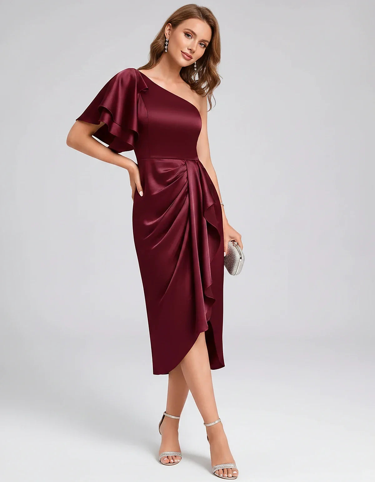 Blush Satin Sheath One-Shoulder Midi Dress, front view | Ramblion | SKU: AMD-583920174615842-WINE-L,AMD-583920174615842-WINE-M,AMD-583920174615842-WINE-S,AMD-583920174615842-WINE-XL,AMD-583920174615842-WINE-XS