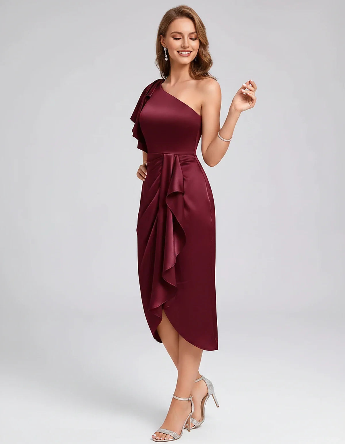 Blush Satin Sheath One-Shoulder Midi Dress, front view | Ramblion | SKU: AMD-583920174615842-WINE-L,AMD-583920174615842-WINE-M,AMD-583920174615842-WINE-S,AMD-583920174615842-WINE-XL,AMD-583920174615842-WINE-XS