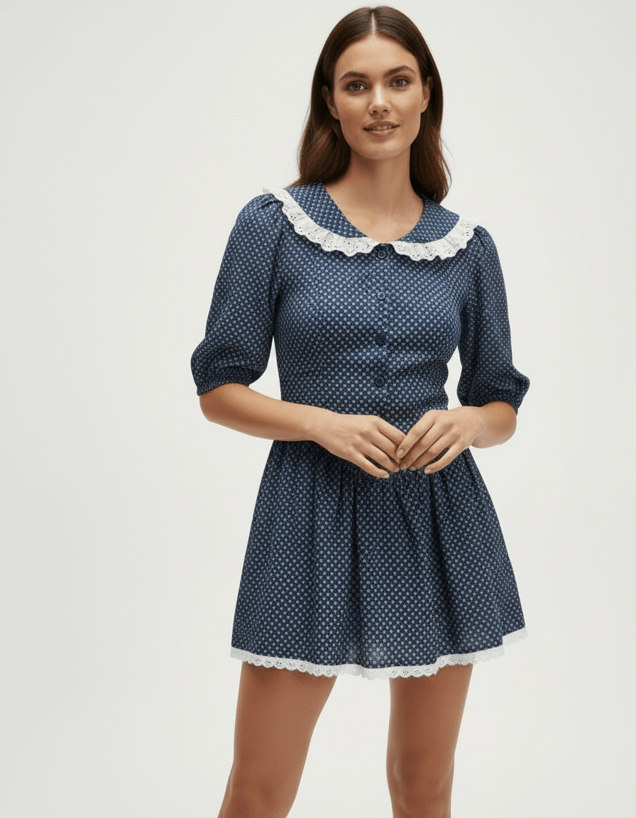 Blythe Mini Dress by RAMBLION, blue polka dot A-line dress perfect for daytime events, featuring a round neck and playful vintage style.