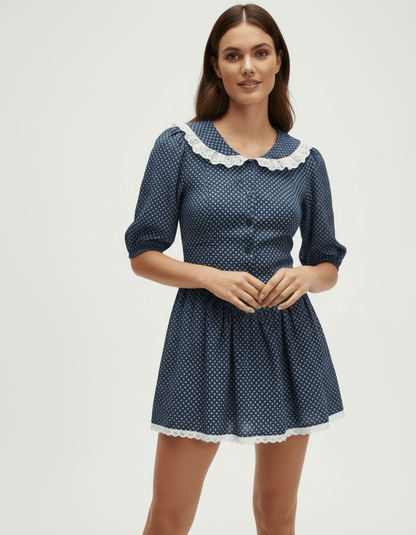 Blythe Mini Dress by RAMBLION, blue polka dot A-line dress perfect for daytime events, featuring a round neck and playful vintage style.