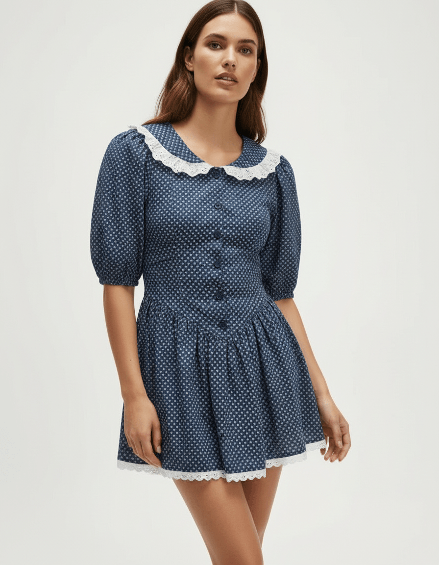 Blythe Mini Dress by RAMBLION, blue, polka dots, A-line, round neck, perfect for daytime events.