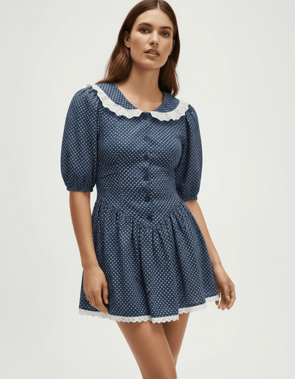Blythe Mini Dress by RAMBLION, blue, polka dots, A-line, round neck, perfect for daytime events.