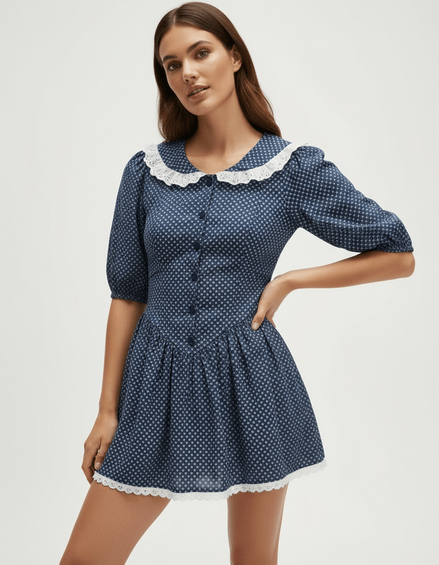 Blythe Mini Dress in blue with polka dots, A-line silhouette, round neck, perfect for daytime events from RAMBLION.