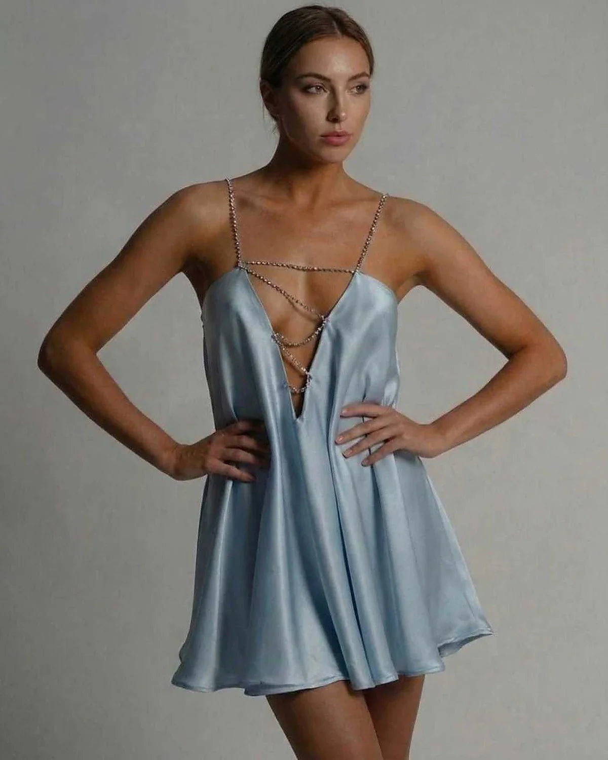 Blue Satin A-line V-Neck Sleeveless Mini Dress | Evening Events, Celebrations & Day-to-Night, front view | Ramblion | SKU: CMD-593847261-blue-L-8569,CMD-593847261-blue-M-1985,CMD-593847261-blue-S-8829,CMD-593847261-blue-XL-5565,CMD-593847261-blue-XS-2948