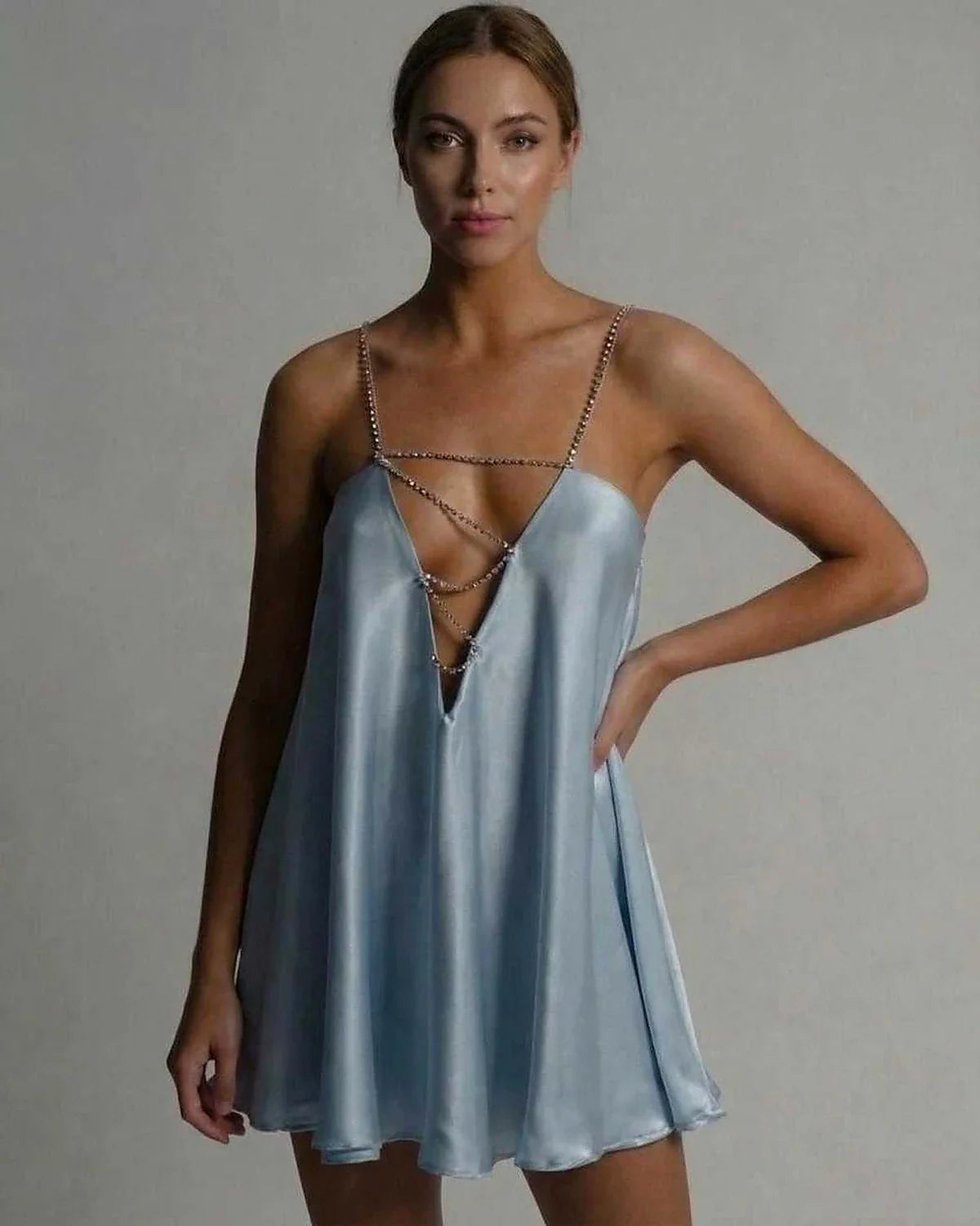 Blue Satin A-line V-Neck Sleeveless Mini Dress | Evening Events, Celebrations & Day-to-Night, front view | Ramblion | SKU: CMD-593847261-blue-L-8569,CMD-593847261-blue-M-1985,CMD-593847261-blue-S-8829,CMD-593847261-blue-XL-5565,CMD-593847261-blue-XS-2948