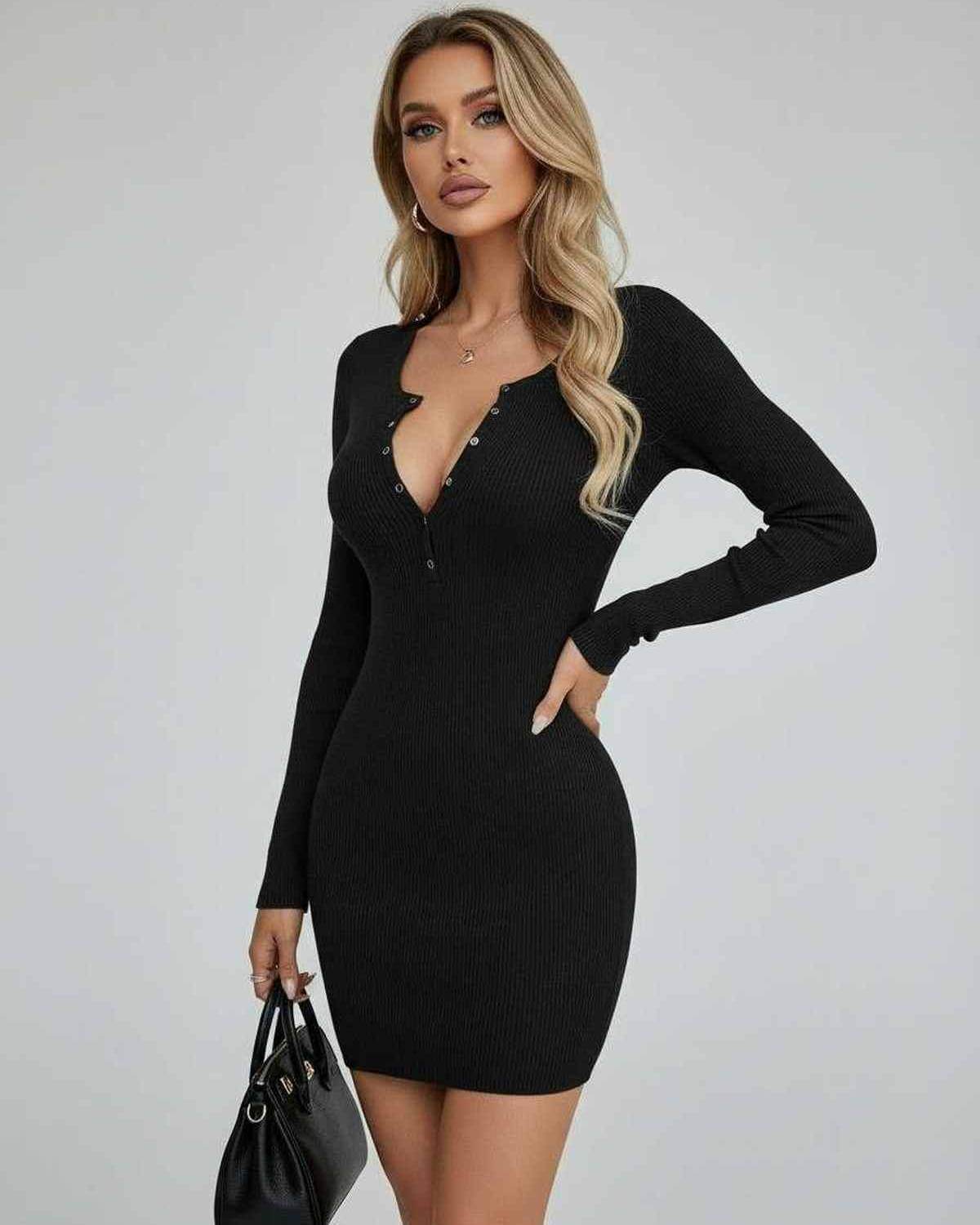 Brocade Mini Dress showcasing black ribbed texture, round neck, perfect for chic occasions by RAMBLION.