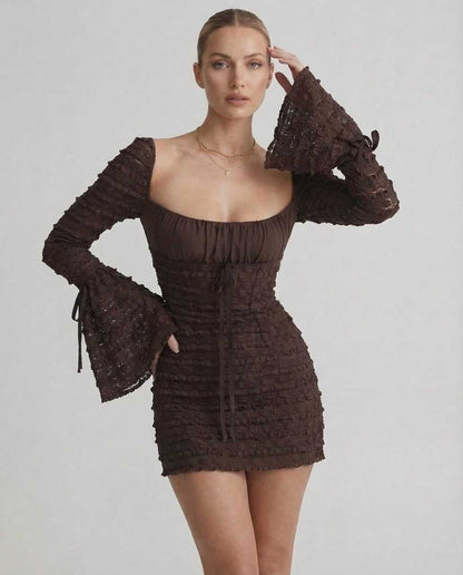 Cana Maxi Dress featuring a sophisticated brown fabric, elegant fit, and stylish bell sleeves, ideal for modern occasions, by RAMBLION.