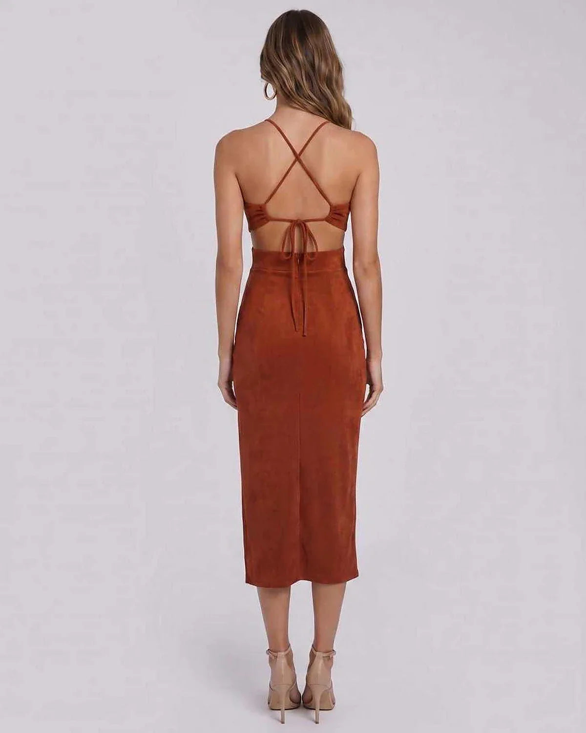 Brown,black,pink,blue Bodycon Crew Neck Sleeveless Midi Dress | Gala Nights & Party Nights, back view | Ramblion | SKU: RB-57876B-BROWN-L,RB-57876B-BROWN-M,RB-57876B-BROWN-S,RB-57876B-BROWN-XL,RB-57876B-BROWN-XS