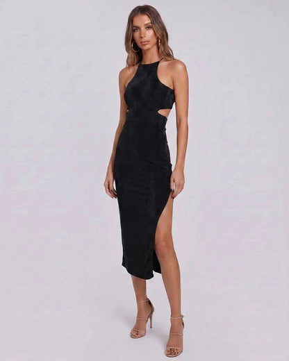 Brown,black,pink,blue Bodycon Crew Neck Sleeveless Midi Dress | Gala Nights & Party Nights, front view | Ramblion