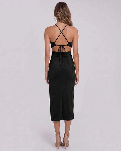 Brown,black,pink,blue Bodycon Crew Neck Sleeveless Midi Dress | Gala Nights & Party Nights, back view | Ramblion | SKU: RB-57876B-BLACK-L,RB-57876B-BLACK-M,RB-57876B-BLACK-S,RB-57876B-BLACK-XL,RB-57876B-BLACK-XS