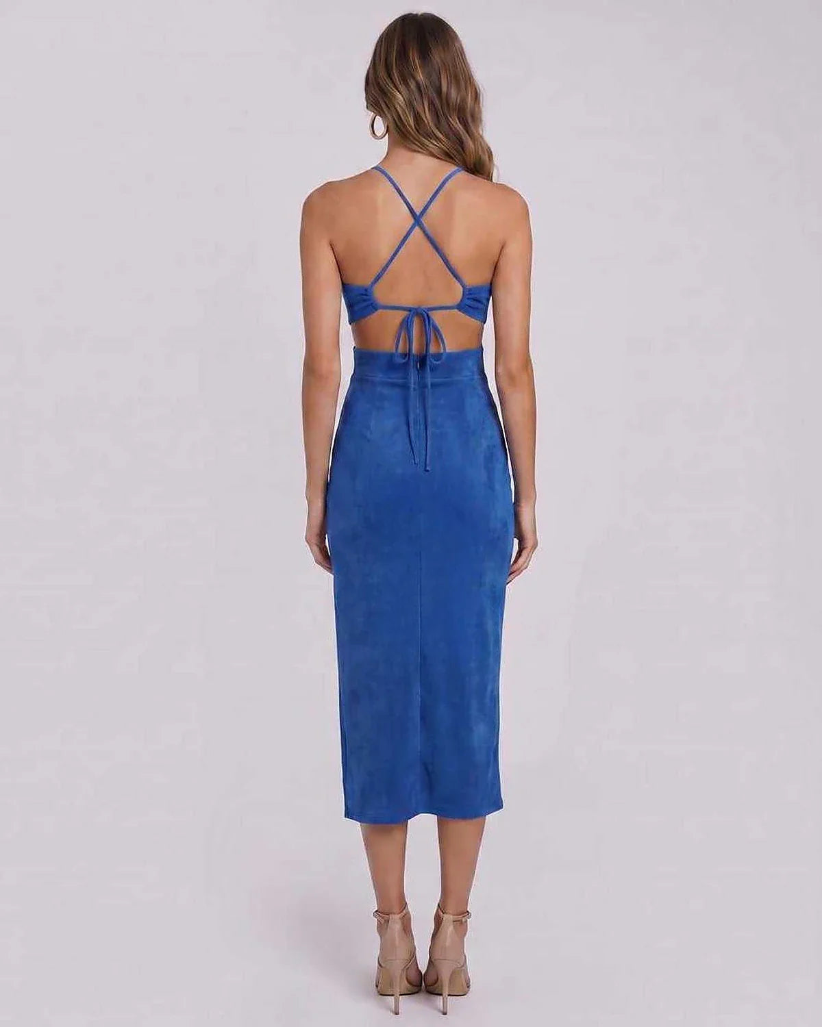 Brown,black,pink,blue Bodycon Crew Neck Sleeveless Midi Dress | Gala Nights & Party Nights, back view | Ramblion | SKU: RB-57876B-BLUE-L,RB-57876B-BLUE-M,RB-57876B-BLUE-S,RB-57876B-BLUE-XL,RB-57876B-BLUE-XS