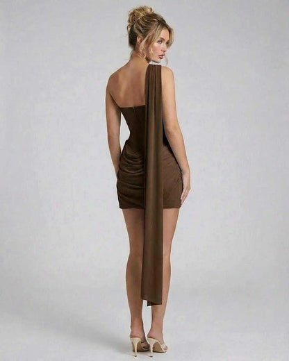 Brown Bodycon Asymmetric Sleeveless Mini Dress | Weddings, back view | Ramblion | SKU: SMD-91462-brown-L-6746,SMD-91462-brown-M-9715,SMD-91462-brown-S-6765,SMD-91462-brown-XL-8766,SMD-91462-brown-XS-202
