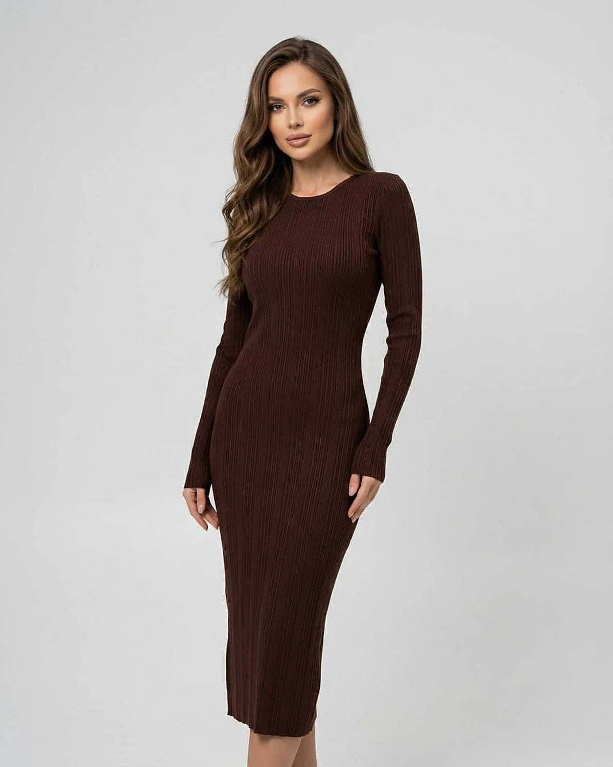 Brown Bodycon Round Neck Long Sleeve Midi Dress | Evening Events, Night Out & Casual Outings, front view | Ramblion | SKU: SMD-48372-brown-L-9133-2260,SMD-48372-brown-M-4794-2705,SMD-48372-brown-S-4920-3935,SMD-48372-brown-XL-3412-3601,SMD-48372-brown-XS-8270-5890