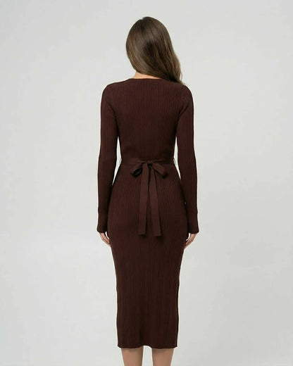 Brown Bodycon Round Neck Long Sleeve Midi Dress | Evening Events, Night Out & Casual Outings, back view | Ramblion | SKU: SMD-48372-brown-L-9133-2260,SMD-48372-brown-M-4794-2705,SMD-48372-brown-S-4920-3935,SMD-48372-brown-XL-3412-3601,SMD-48372-brown-XS-8270-5890