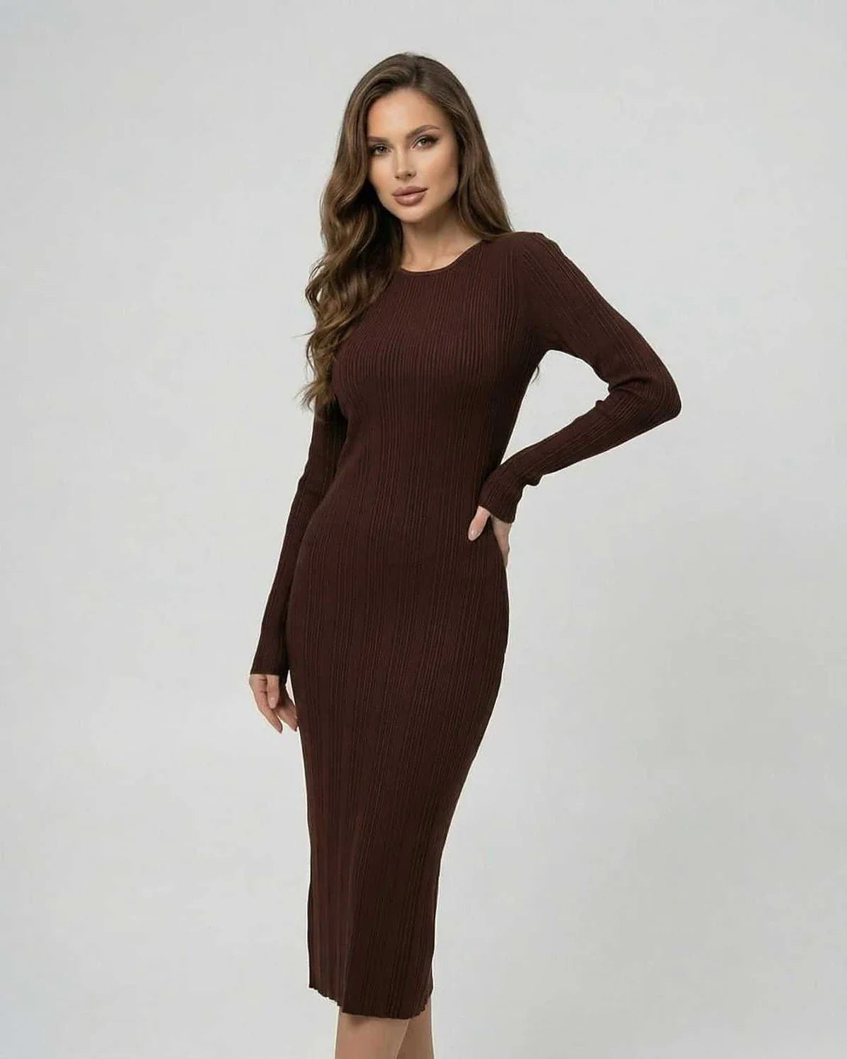Brown Bodycon Round Neck Long Sleeve Midi Dress | Evening Events, Night Out & Casual Outings, front view | Ramblion | SKU: SMD-48372-brown-L-9133-2260,SMD-48372-brown-M-4794-2705,SMD-48372-brown-S-4920-3935,SMD-48372-brown-XL-3412-3601,SMD-48372-brown-XS-8270-5890