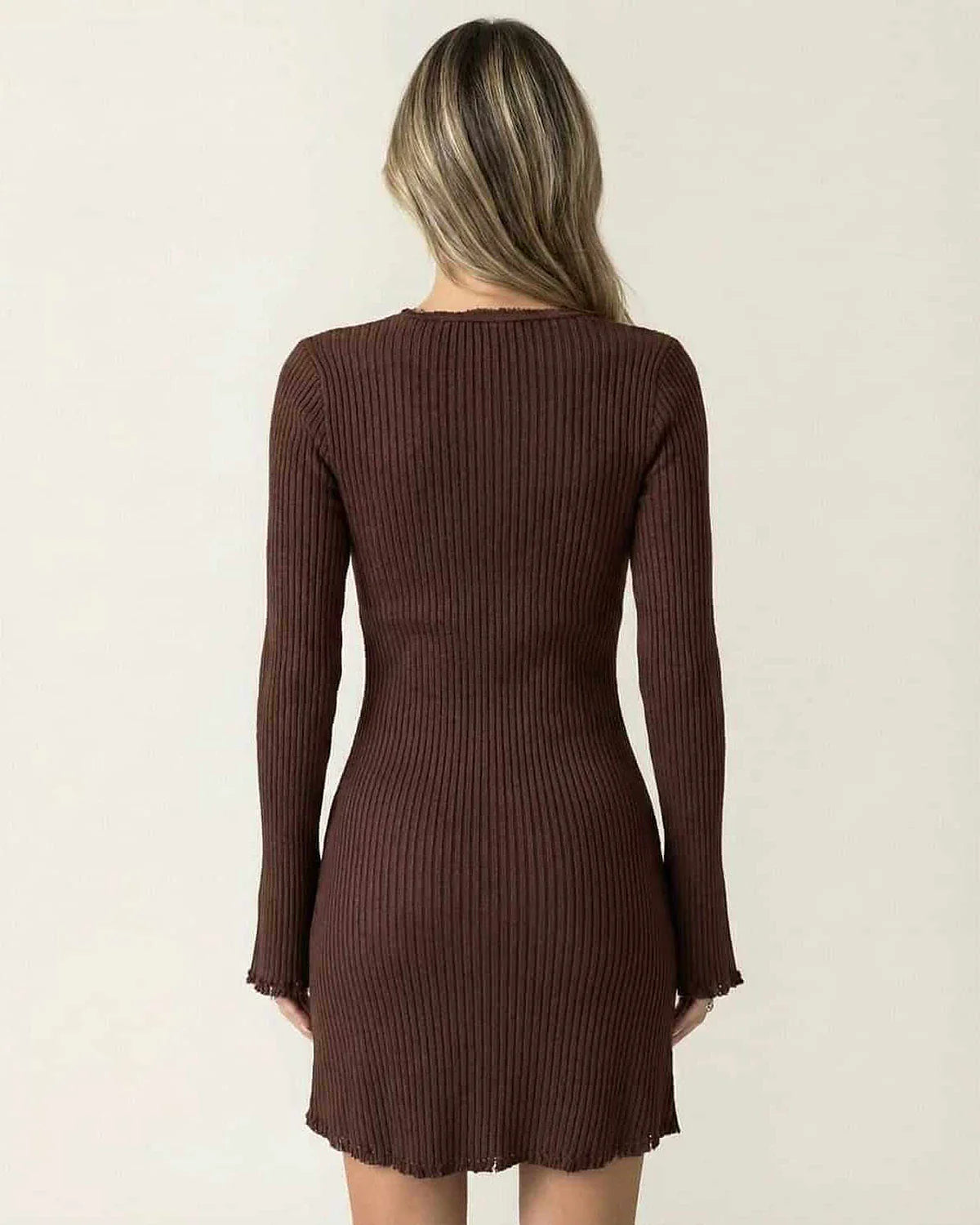 Brown Cotton Bodycon V-Neck Sleeveless Mini Dress | Gala Nights & Casual Wear, back view | Ramblion | SKU: OMD-49217-brown-L-3966,OMD-49217-brown-M-1939,OMD-49217-brown-S-3046,OMD-49217-brown-XL-2418,OMD-49217-brown-XS-8918