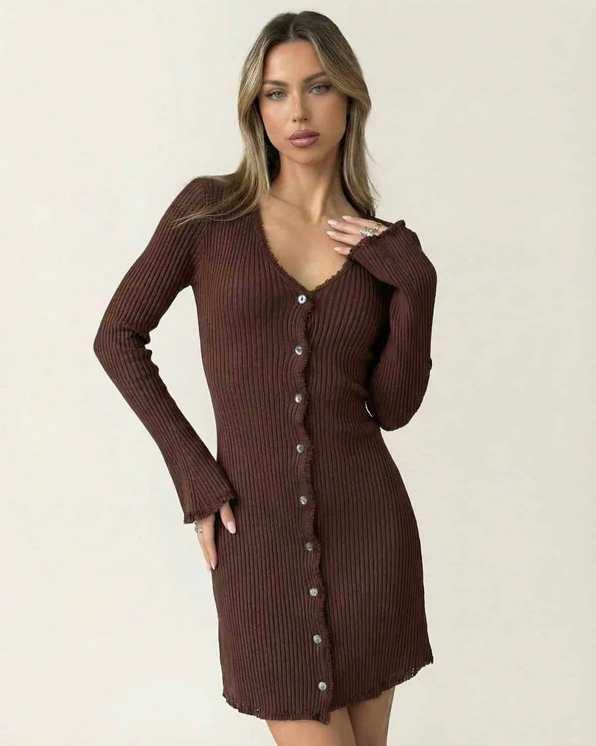 Brown Cotton Bodycon V-Neck Sleeveless Mini Dress | Gala Nights & Casual Wear, front view | Ramblion | SKU: OMD-49217-brown-L-3966,OMD-49217-brown-M-1939,OMD-49217-brown-S-3046,OMD-49217-brown-XL-2418,OMD-49217-brown-XS-8918