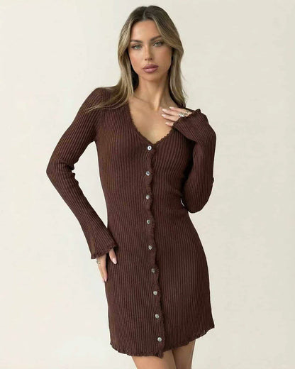 Brown Cotton Bodycon V-Neck Sleeveless Mini Dress | Gala Nights & Casual Wear, front view | Ramblion | SKU: OMD-49217-brown-L-3966,OMD-49217-brown-M-1939,OMD-49217-brown-S-3046,OMD-49217-brown-XL-2418,OMD-49217-brown-XS-8918
