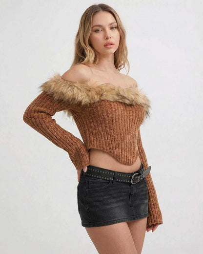Brown Knit Cropped Off-the-Shoulder Long Sleeve Top, side view | Ramblion | SKU: AT-84726-brown-L-1944,AT-84726-brown-M-5850,AT-84726-brown-S-9372,AT-84726-brown-XL-4533,AT-84726-brown-XS-1962