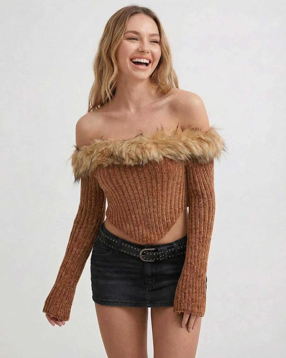 Brown Knit Cropped Off-the-Shoulder Long Sleeve Top, front view | Ramblion | SKU: AT-84726-brown-L-1944,AT-84726-brown-M-5850,AT-84726-brown-S-9372,AT-84726-brown-XL-4533,AT-84726-brown-XS-1962