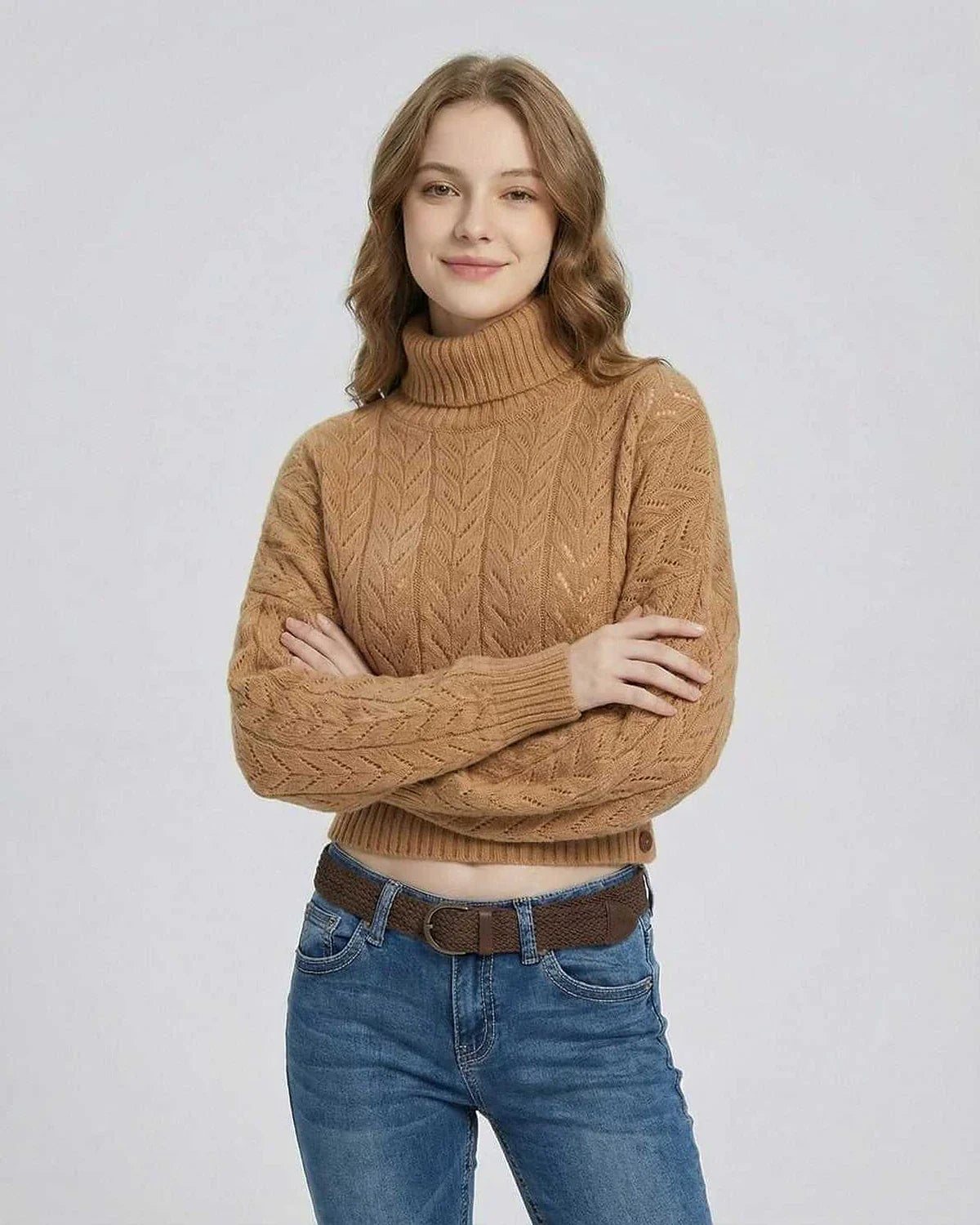 Brown Knit Cropped Turtleneck Long Sleeve Sweater, front view | Ramblion | SKU: SS-48291-camel-L-6827,SS-48291-camel-M-2341,SS-48291-camel-S-707,SS-48291-camel-XL-1156,SS-48291-camel-XS-5442