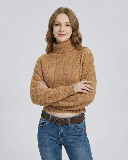 Brown Knit Cropped Turtleneck Long Sleeve Sweater, front view | Ramblion | SKU: SS-48291-camel-L-6827,SS-48291-camel-M-2341,SS-48291-camel-S-707,SS-48291-camel-XL-1156,SS-48291-camel-XS-5442