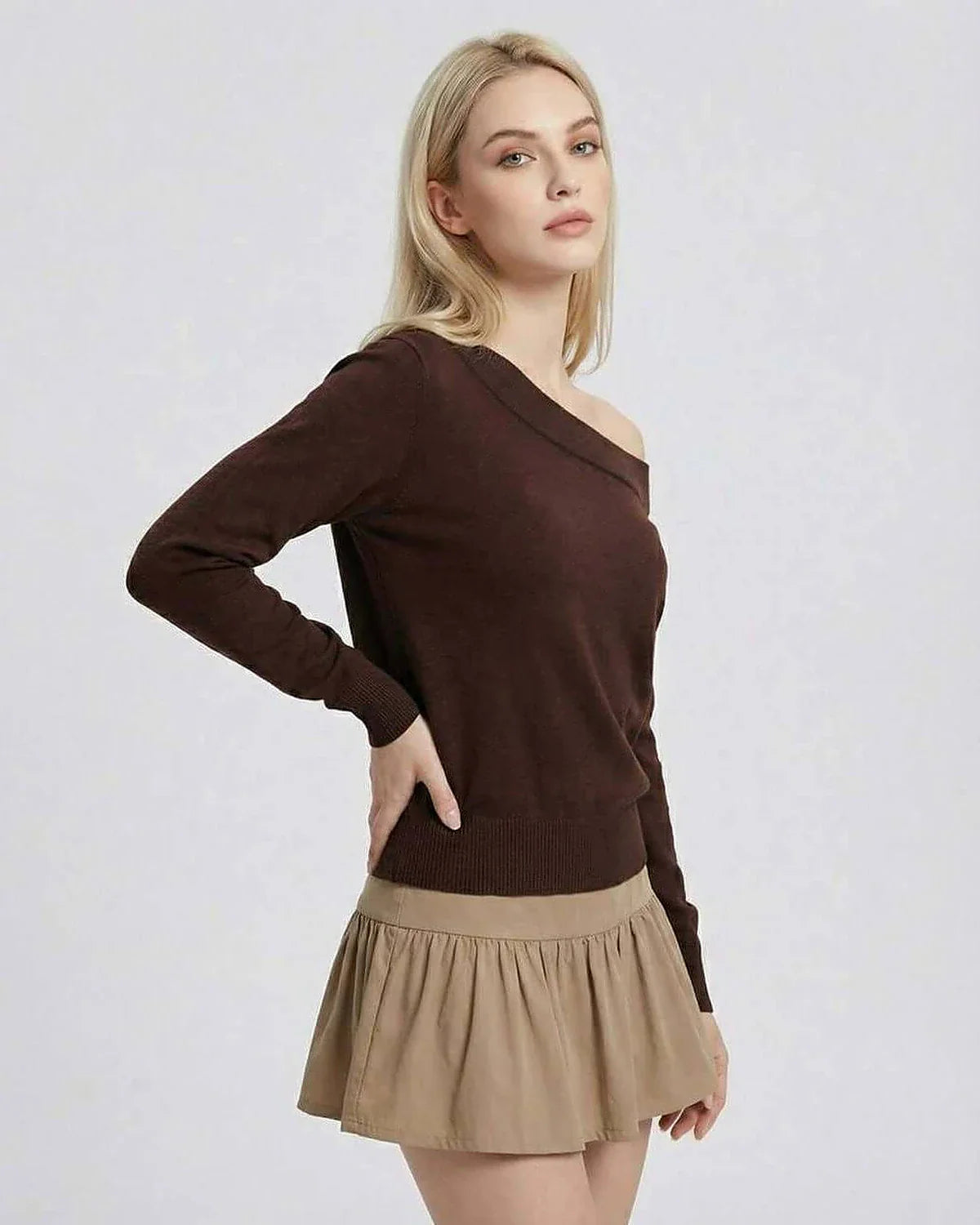 Brown Knit Relaxed Off-the-Shoulder Long Sleeve Pullover, side view | Ramblion | SKU: VP-48293-BROWN-L-530,VP-48293-BROWN-M-5137,VP-48293-BROWN-S-675,VP-48293-BROWN-XL-5217,VP-48293-BROWN-XS-7817
