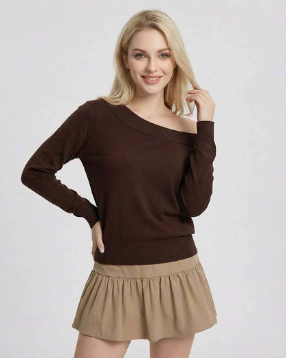 Brown Knit Relaxed Off-the-Shoulder Long Sleeve Pullover, front view | Ramblion | SKU: VP-48293-BROWN-L-530,VP-48293-BROWN-M-5137,VP-48293-BROWN-S-675,VP-48293-BROWN-XL-5217,VP-48293-BROWN-XS-7817