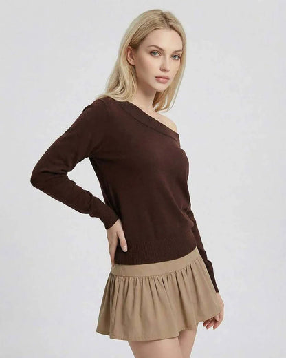 Brown Knit Relaxed Off-the-Shoulder Long Sleeve Pullover, side view | Ramblion | SKU: VP-48293-BROWN-L-530,VP-48293-BROWN-M-5137,VP-48293-BROWN-S-675,VP-48293-BROWN-XL-5217,VP-48293-BROWN-XS-7817