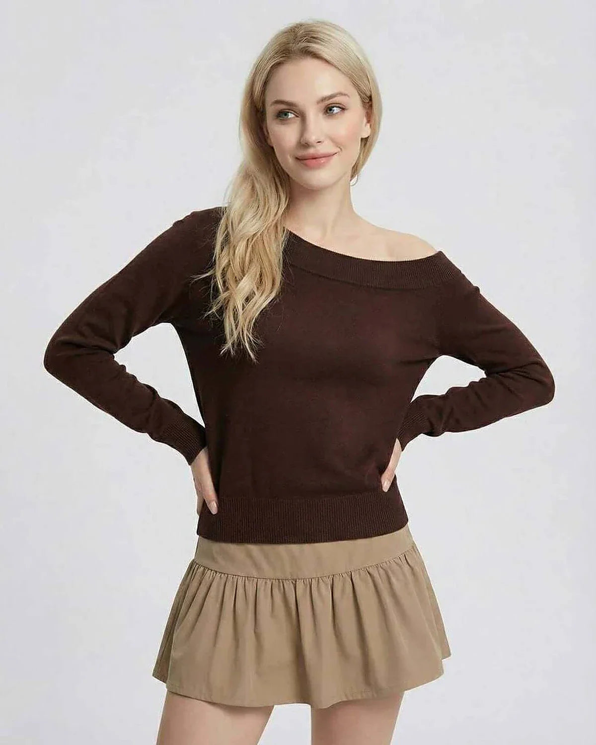 Brown Knit Relaxed Off-the-Shoulder Long Sleeve Pullover, front view | Ramblion | SKU: VP-48293-BROWN-L-530,VP-48293-BROWN-M-5137,VP-48293-BROWN-S-675,VP-48293-BROWN-XL-5217,VP-48293-BROWN-XS-7817