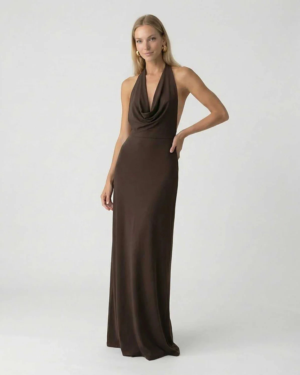 Brown Satin Slip Halter Sleeveless Maxi Dress | Prom & Night Out, front view | Ramblion | SKU: MMD-90537-brown-L-6315,MMD-90537-brown-M-9909,MMD-90537-brown-S-823,MMD-90537-brown-XL-7567,MMD-90537-brown-XS-6709