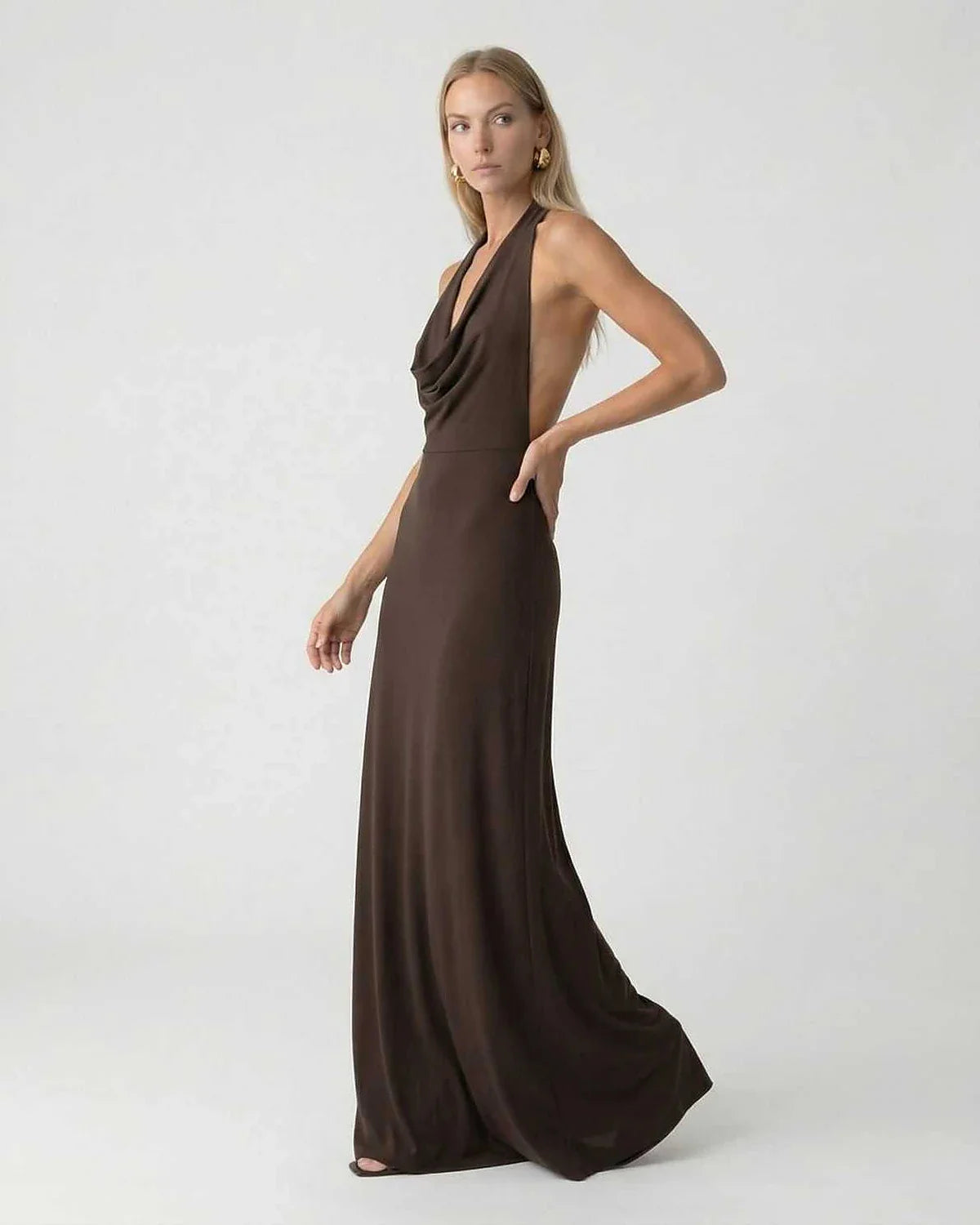 Brown Satin Slip Halter Sleeveless Maxi Dress | Prom & Night Out, side view | Ramblion | SKU: MMD-90537-brown-L-6315,MMD-90537-brown-M-9909,MMD-90537-brown-S-823,MMD-90537-brown-XL-7567,MMD-90537-brown-XS-6709