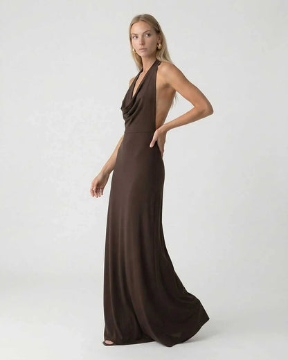 Brown Satin Slip Halter Sleeveless Maxi Dress | Prom & Night Out, side view | Ramblion | SKU: MMD-90537-brown-L-6315,MMD-90537-brown-M-9909,MMD-90537-brown-S-823,MMD-90537-brown-XL-7567,MMD-90537-brown-XS-6709