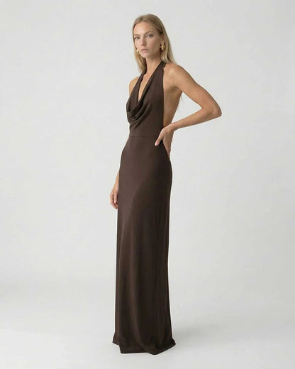 Brown Satin Slip Halter Sleeveless Maxi Dress | Prom & Night Out, side view | Ramblion | SKU: MMD-90537-brown-L-6315,MMD-90537-brown-M-9909,MMD-90537-brown-S-823,MMD-90537-brown-XL-7567,MMD-90537-brown-XS-6709
