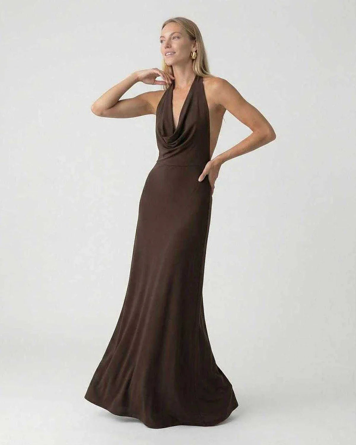 Brown Satin Slip Halter Sleeveless Maxi Dress | Prom & Night Out, side view | Ramblion | SKU: MMD-90537-brown-L-6315,MMD-90537-brown-M-9909,MMD-90537-brown-S-823,MMD-90537-brown-XL-7567,MMD-90537-brown-XS-6709