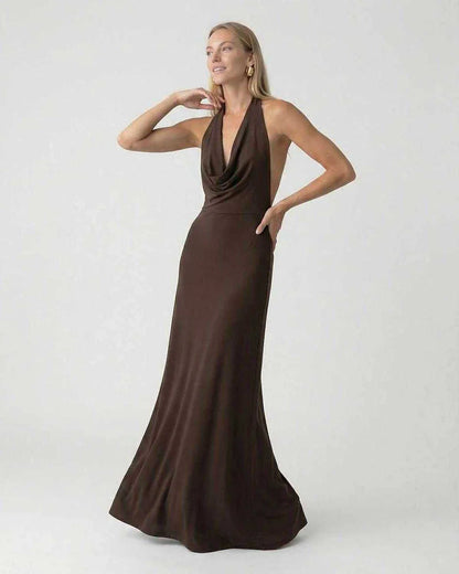 Brown Satin Slip Halter Sleeveless Maxi Dress | Prom & Night Out, side view | Ramblion | SKU: MMD-90537-brown-L-6315,MMD-90537-brown-M-9909,MMD-90537-brown-S-823,MMD-90537-brown-XL-7567,MMD-90537-brown-XS-6709