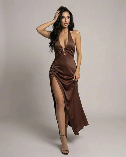 Brown Satin Slip Square Neck Sleeveless Maxi Dress | Weddings, front view | Ramblion | SKU: SMD-62107-brown-L-1552,SMD-62107-brown-M-968,SMD-62107-brown-S-9639,SMD-62107-brown-XL-4515,SMD-62107-brown-XS-8613