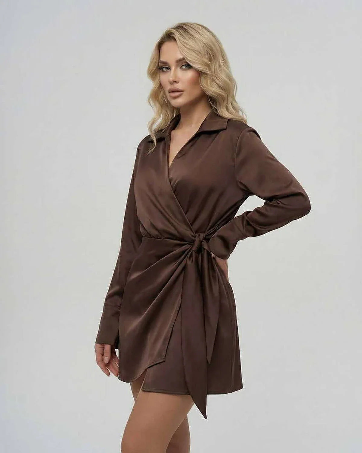 Brown Satin Wrap V-Neck Long Sleeve Mini Dress | Wedding Guest, side view | Ramblion | SKU: SMD-839274615-brown-L-4608,SMD-839274615-brown-M-8346,SMD-839274615-brown-S-7317,SMD-839274615-brown-XL-8834,SMD-839274615-brown-XS-2643