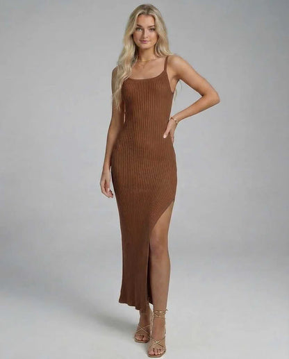 Brown Slip Round Neck Sleeveless Midi Dress | Gala Nights, Celebrations & Day-to-Night, front view | Ramblion | SKU: SMD-481763025-brown-L-6701,SMD-481763025-brown-M-9667,SMD-481763025-brown-S-6465,SMD-481763025-brown-XL-4031,SMD-481763025-brown-XS-5923