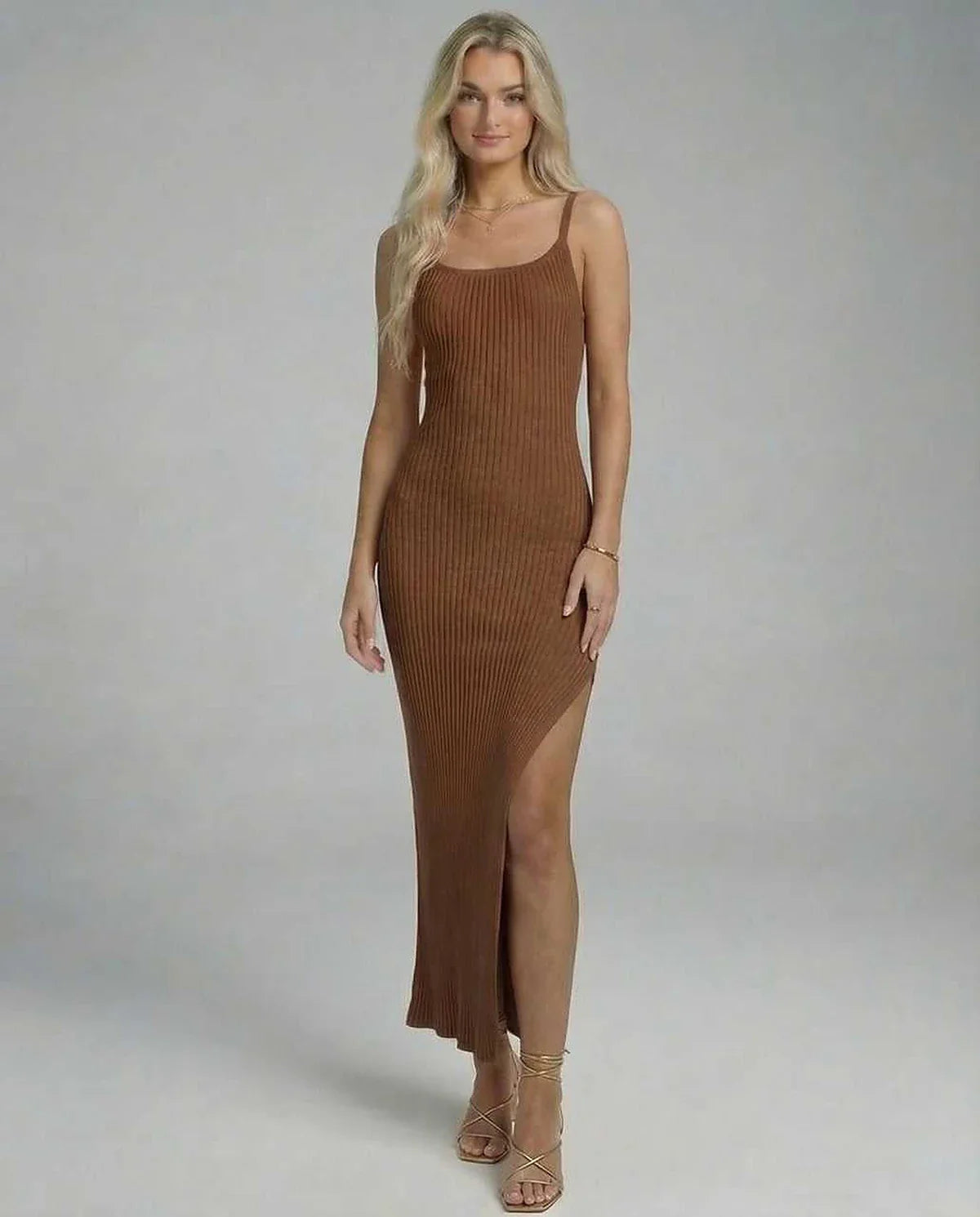 Brown Slip Round Neck Sleeveless Midi Dress | Gala Nights, Celebrations & Day-to-Night, front view | Ramblion | SKU: SMD-481763025-brown-L-6701,SMD-481763025-brown-M-9667,SMD-481763025-brown-S-6465,SMD-481763025-brown-XL-4031,SMD-481763025-brown-XS-5923