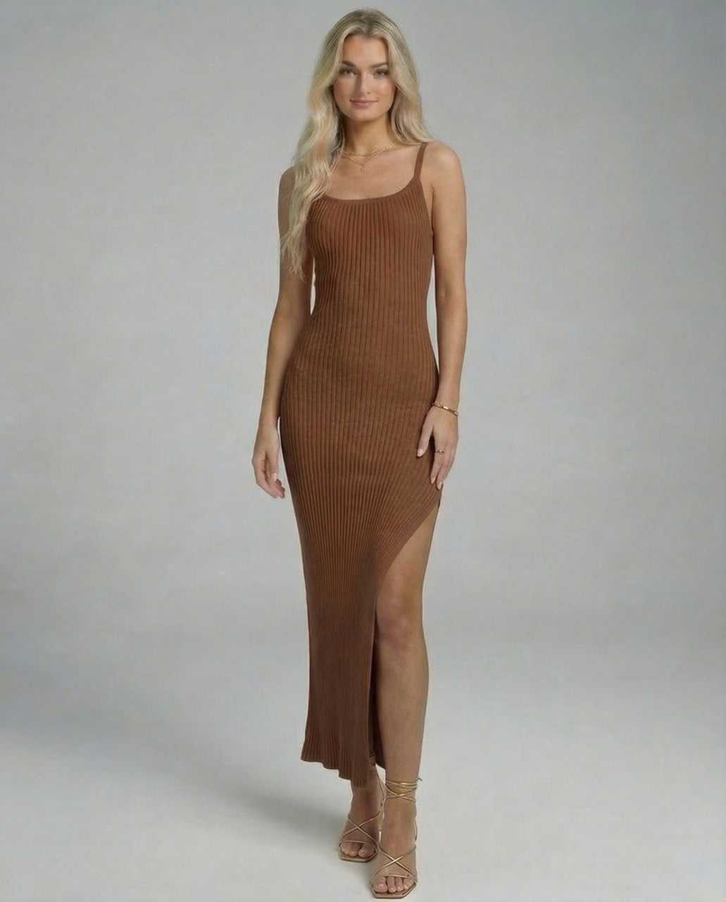 Washed Midi Dress by RAMBLION, brown polyester with slash neckline, perfect for elegant summer occasions.