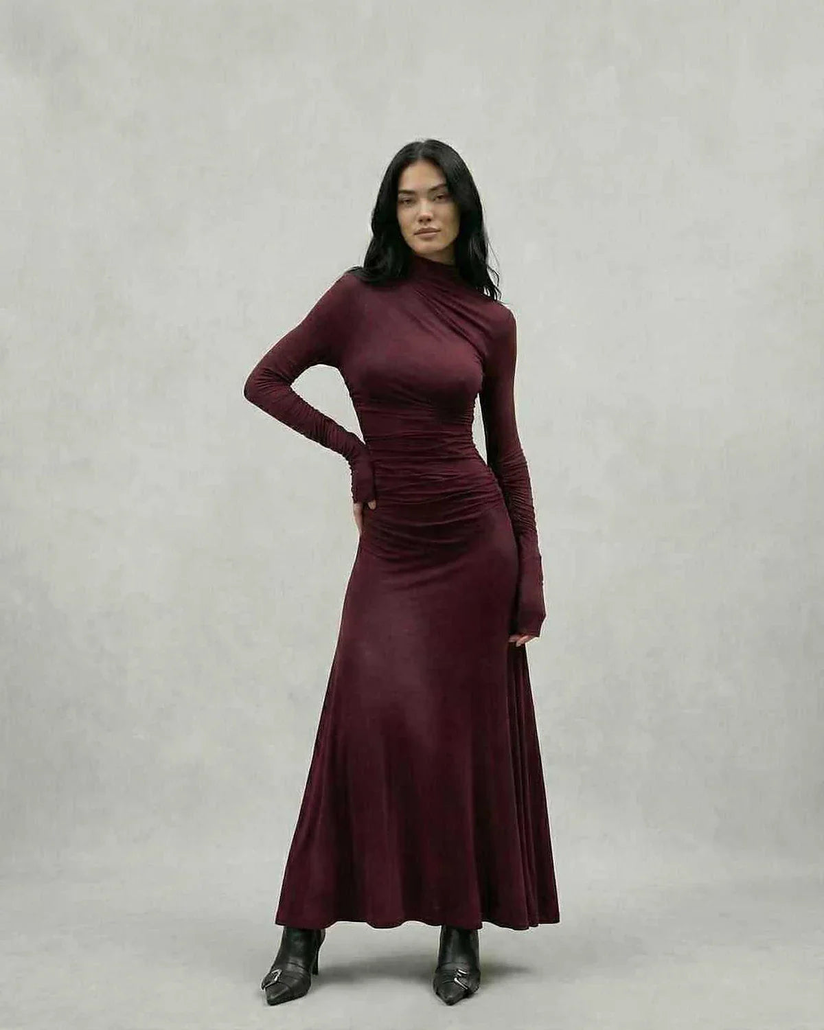 Burgundy Gown Round Neck Long Sleeve Maxi Dress | Prom & Cocktail Parties, front view | Ramblion | SKU: CMX-18427-burgundy-L-2506,CMX-18427-burgundy-M-2722,CMX-18427-burgundy-S-6676,CMX-18427-burgundy-XL-7479,CMX-18427-burgundy-XS-9999