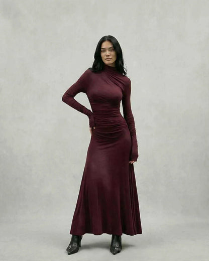 Burgundy Gown Round Neck Long Sleeve Maxi Dress | Prom & Cocktail Parties, front view | Ramblion | SKU: CMX-18427-burgundy-L-2506,CMX-18427-burgundy-M-2722,CMX-18427-burgundy-S-6676,CMX-18427-burgundy-XL-7479,CMX-18427-burgundy-XS-9999