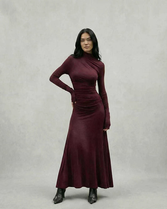 Burgundy Gown Round Neck Long Sleeve Maxi Dress | Prom & Cocktail Parties, front view | Ramblion