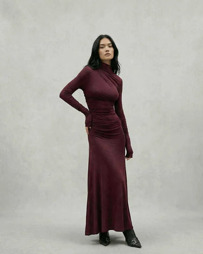Burgundy Gown Round Neck Long Sleeve Maxi Dress | Prom & Cocktail Parties, front view | Ramblion | SKU: CMX-18427-burgundy-L-2506,CMX-18427-burgundy-M-2722,CMX-18427-burgundy-S-6676,CMX-18427-burgundy-XL-7479,CMX-18427-burgundy-XS-9999
