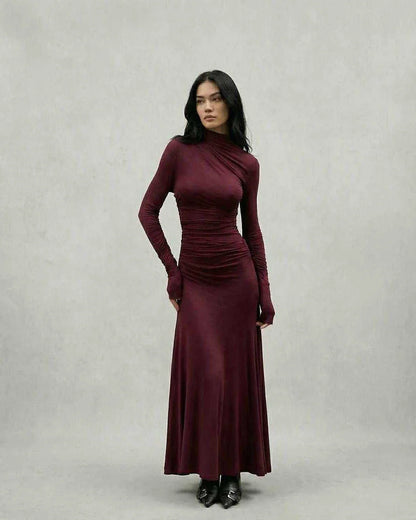 Burgundy Gown Round Neck Long Sleeve Maxi Dress | Prom & Cocktail Parties, front view | Ramblion | SKU: CMX-18427-burgundy-L-2506,CMX-18427-burgundy-M-2722,CMX-18427-burgundy-S-6676,CMX-18427-burgundy-XL-7479,CMX-18427-burgundy-XS-9999