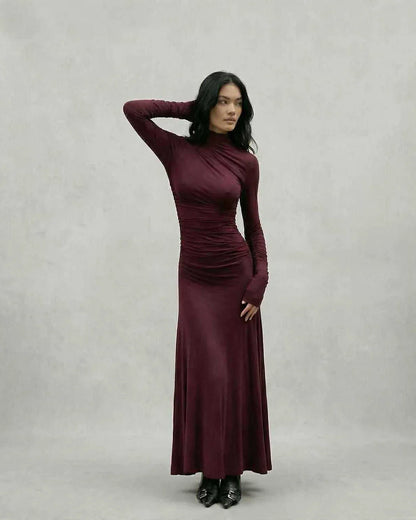 Burgundy Gown Round Neck Long Sleeve Maxi Dress | Prom & Cocktail Parties, front view | Ramblion | SKU: CMX-18427-burgundy-L-2506,CMX-18427-burgundy-M-2722,CMX-18427-burgundy-S-6676,CMX-18427-burgundy-XL-7479,CMX-18427-burgundy-XS-9999