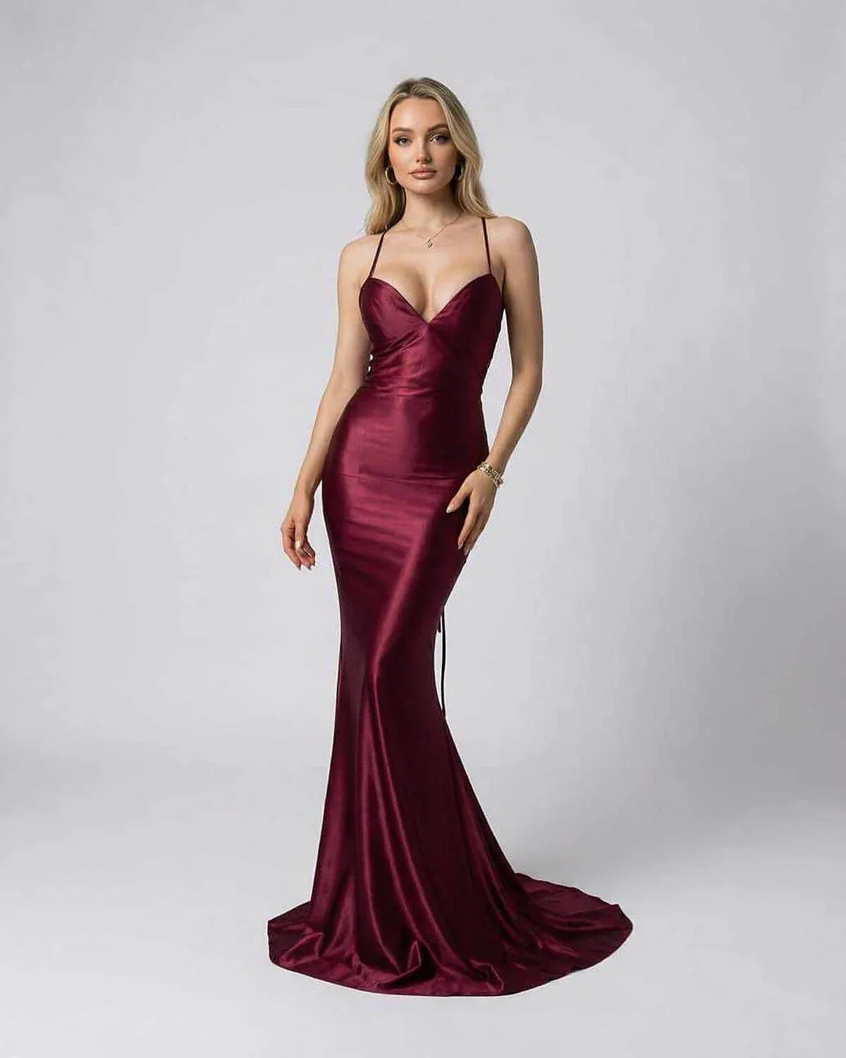 Burgundy Satin Bodycon V-Neck Sleeveless Maxi Dress | Prom, Cocktail Parties, Guest of Wedding & Daily Wear, front view | Ram | SKU: MMD-74295-burgundy-L-9576,MMD-74295-burgundy-M-4308,MMD-74295-burgundy-S-3398,MMD-74295-burgundy-XL-9214,MMD-74295-burgundy-XS-1110