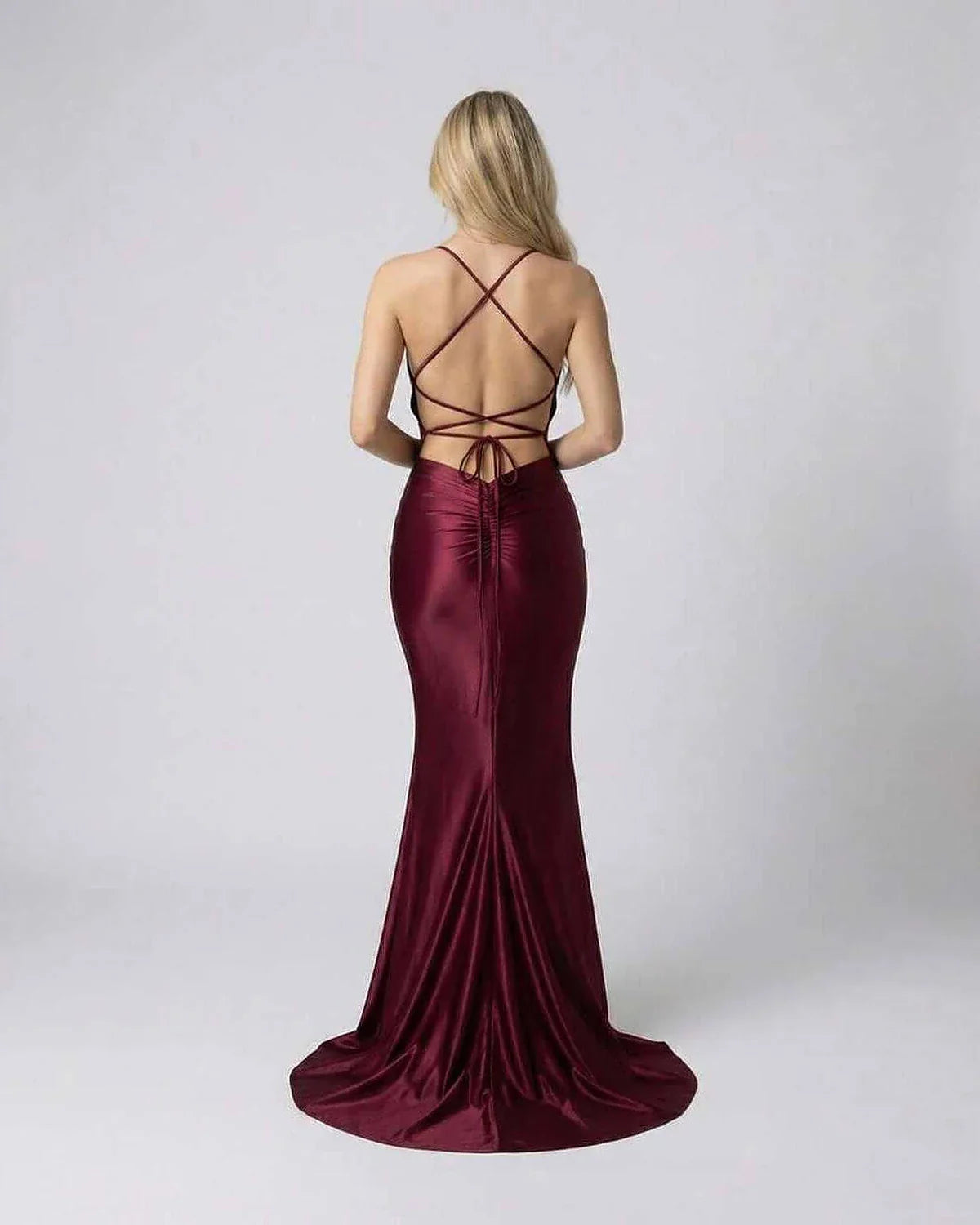 Burgundy Satin Bodycon V-Neck Sleeveless Maxi Dress | Prom, Cocktail Parties, Guest of Wedding & Daily Wear, back view | Ramb | SKU: MMD-74295-burgundy-L-9576,MMD-74295-burgundy-M-4308,MMD-74295-burgundy-S-3398,MMD-74295-burgundy-XL-9214,MMD-74295-burgundy-XS-1110